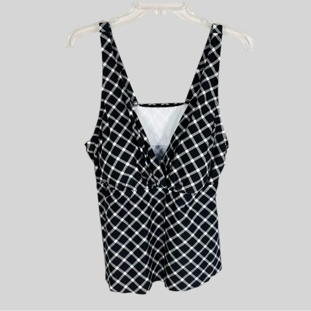 NWT Kona Sol swim top Plus size 2X black white cropped tankini v neck Gingham
